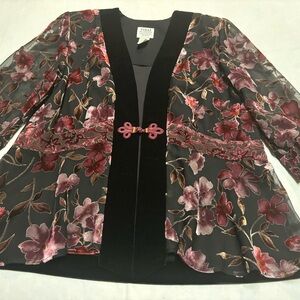 R&M Richards Black & Floral Kimono‎ Shirt Size 10P